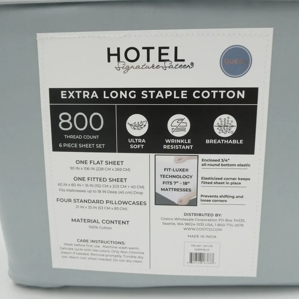 Hotel Signature 800 Thread Count Cotton 6-Piece Sheet Set, Queen Size Light Blue